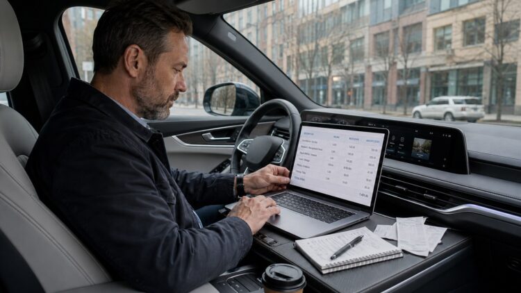 Private investigator reviewing case notes inside a vehicle