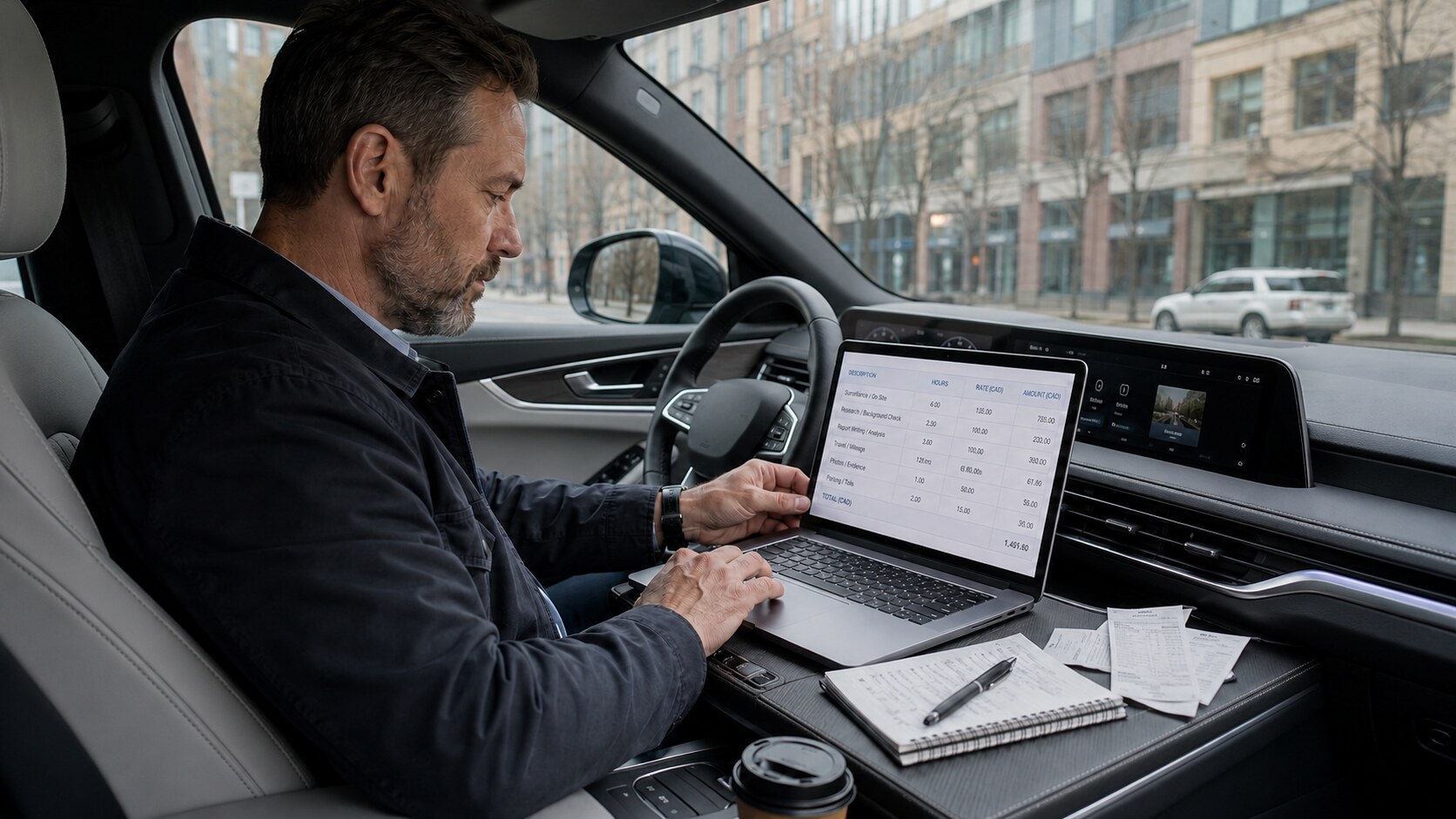 Private investigator reviewing case notes inside a vehicle